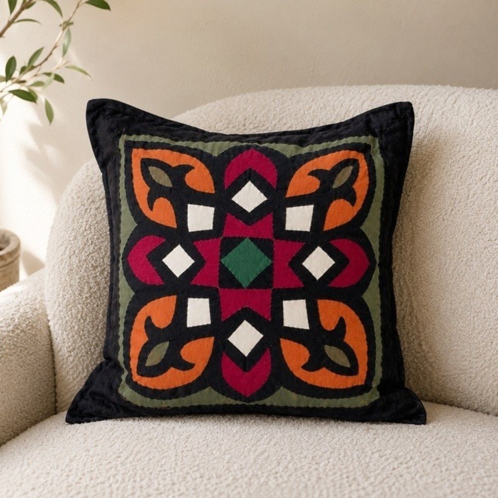 Egyptian Khayamiya Applique Throw Pillow 16x16 Hand Stitched Folk Art